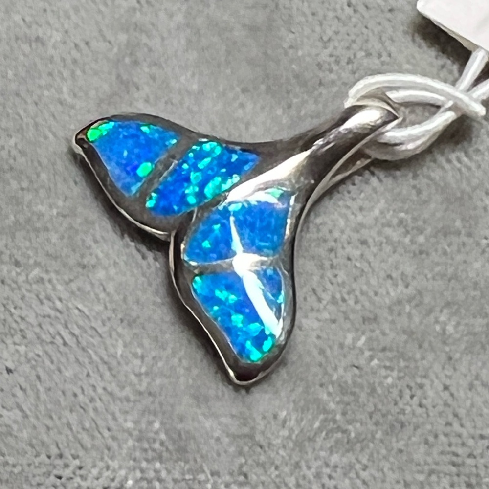 Blue Fire Opal Whale Tail Solid Sterling Silver Pendant Necklace 24”